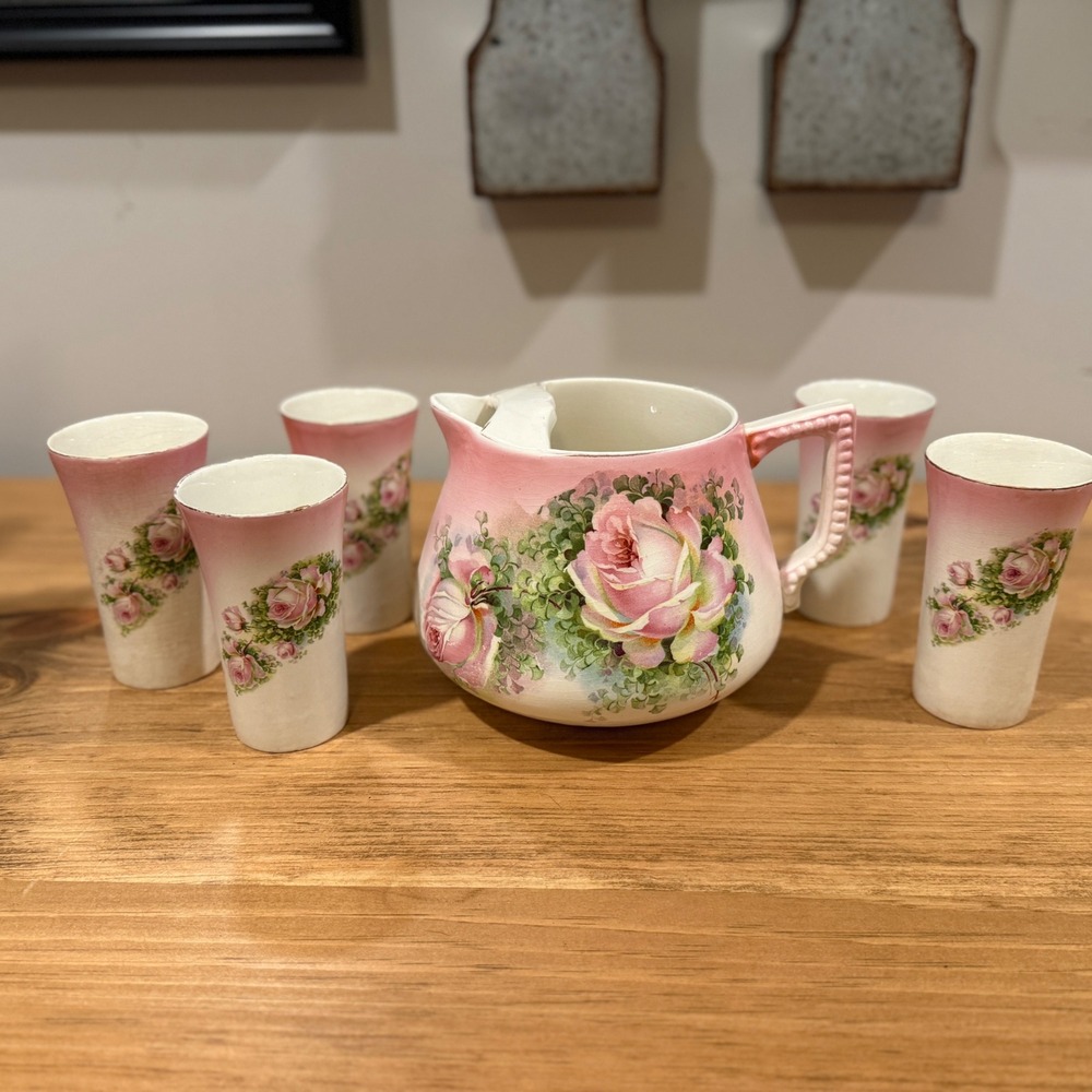 Vintage Owen Minerva Floral Pitcher and Glasses‎ Set Pink Roses Shabby Chic